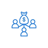 Icon depicting three figures connected to a money bag with a dollar sign, representing financial distribution or sharing.