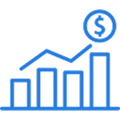 bars A blue line graph with bars of increasing height and a dollar symbol, indicating financial growth.