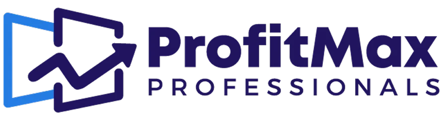 Logo for ProfitMax Professionals with a stylized arrow and bar chart design on the left, encompassing two overlapping squares, in shades of blue.