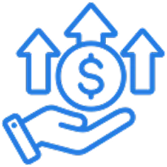 profit Blue icon of a hand holding a dollar sign with three upward arrows above, symbolizing financial growth or investment.